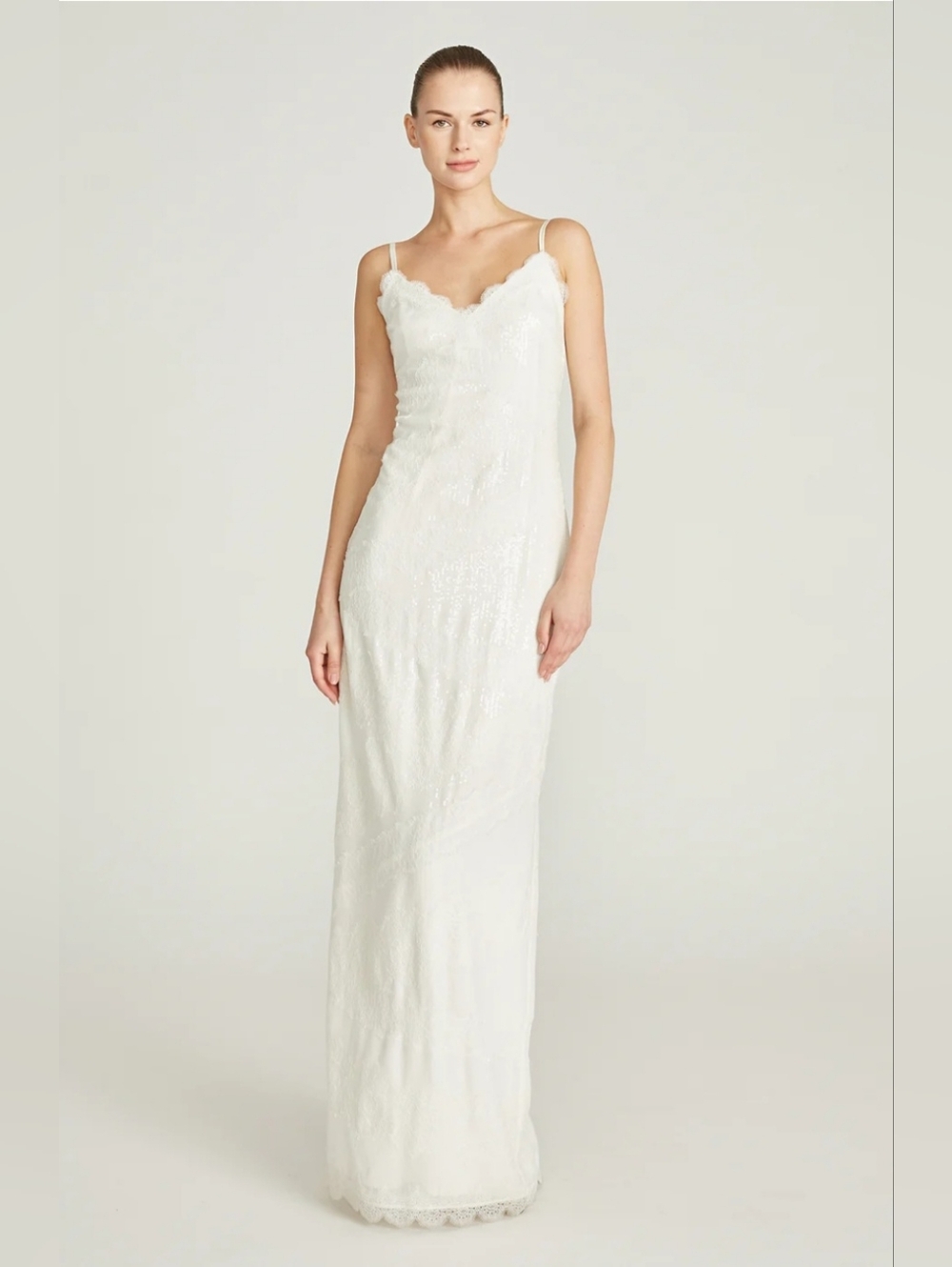NWOT THEIA COUTURE CAMILA White Lace Sequins Slip Wedding Bridal Evening Gown 4